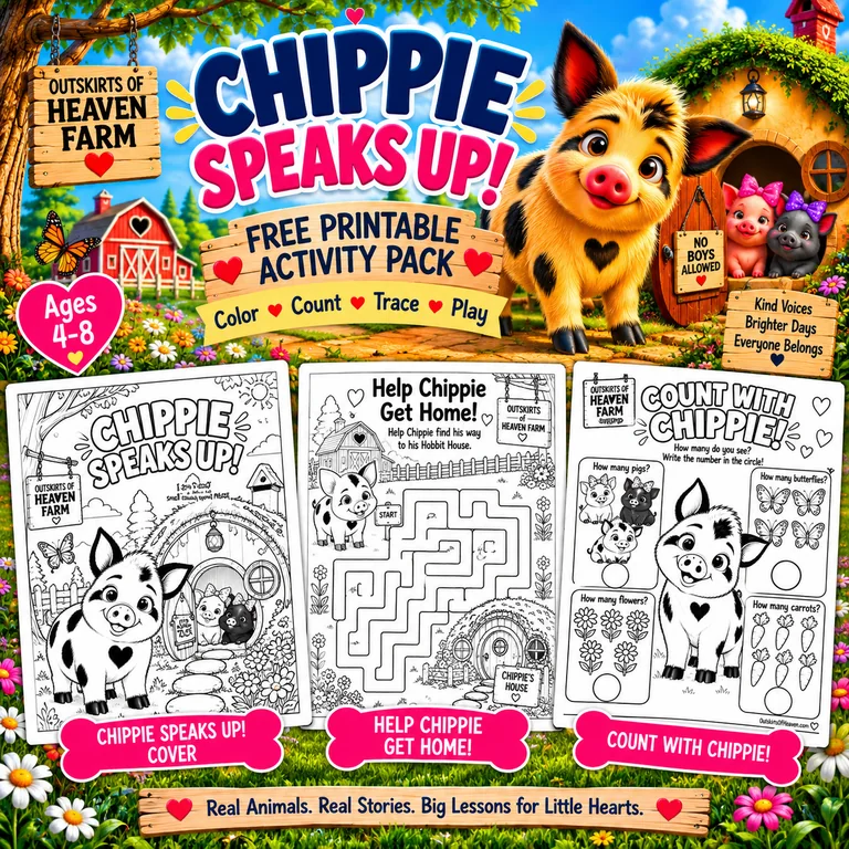 Free printable pack for kids featuring Chippie the pig from the children's book Chippie Speaks Up! — coloring pages, I Spy games and learning worksheets