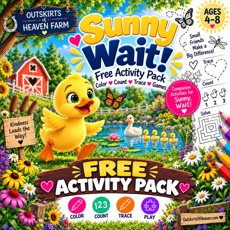 Free printable pack for kids featuring Sunny the farm animal from the children's book Sunny, WAIT! — coloring pages, I Spy games and learning worksheets