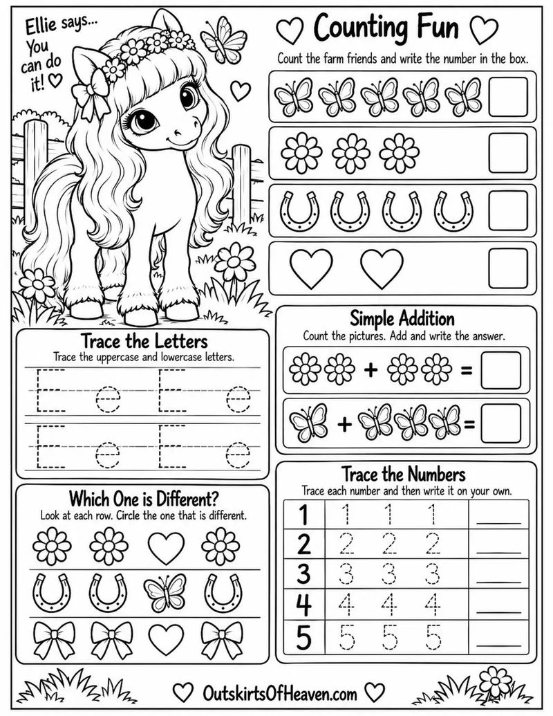 Free farm animal learning activity worksheet for kids — "Ellie's Learning Fun" featuring Ellie the farm animal