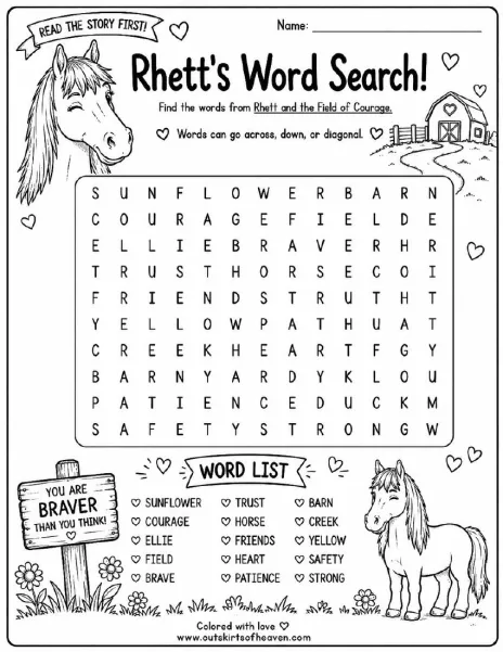 Free farm animal learning activity worksheet for kids — "Rhett's Word Search" featuring Rhett the horse