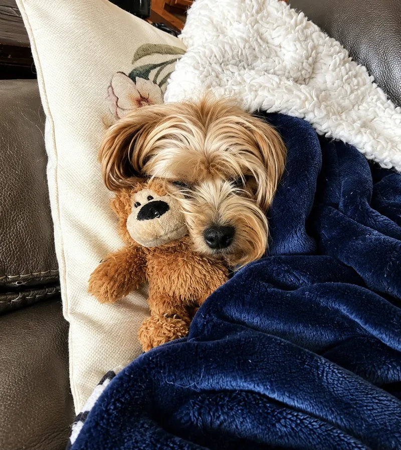 Bella napping under a blanket with her teddy bear