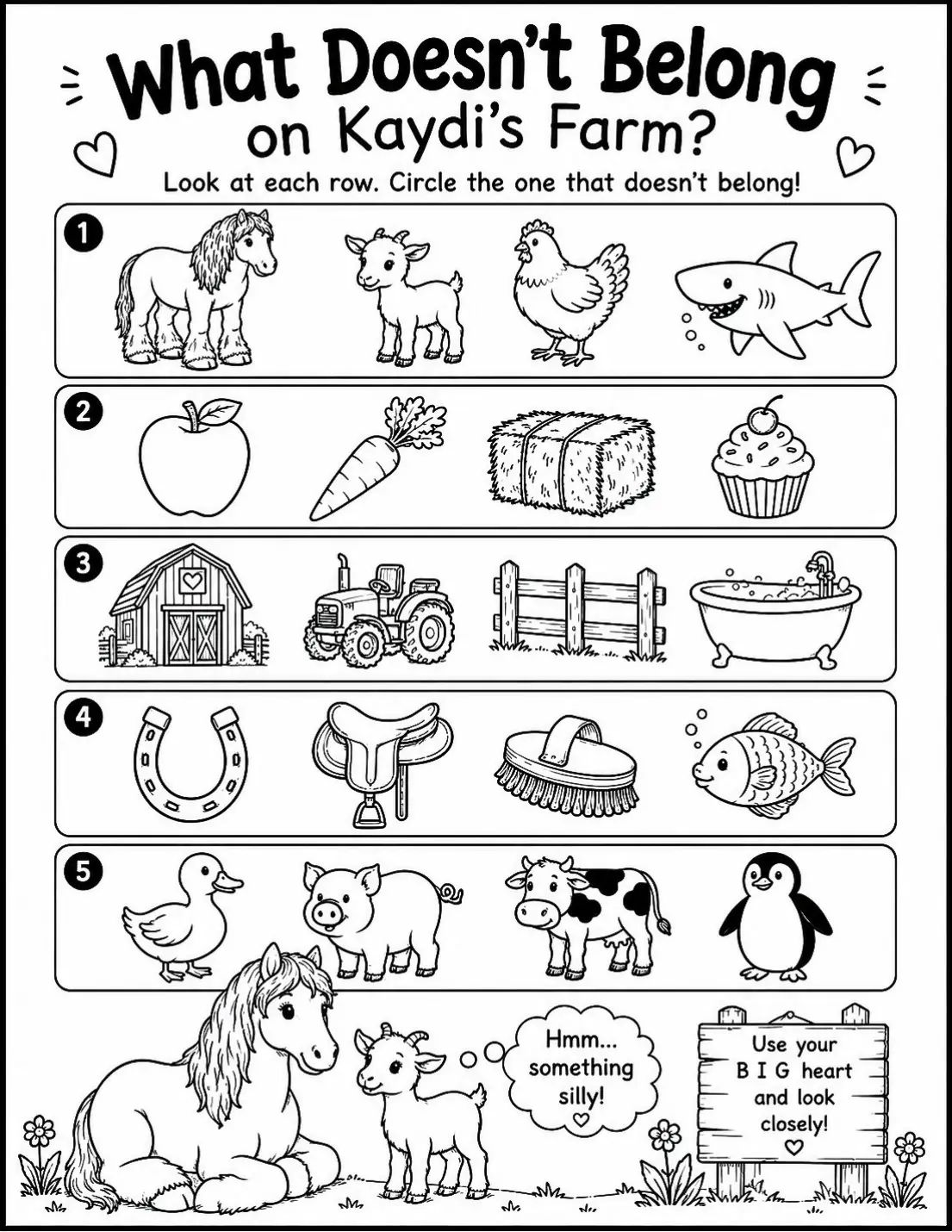 Free farm animal I Spy printable for kids — "What Doesn't Belong?" featuring Kaydi the Percheron horse