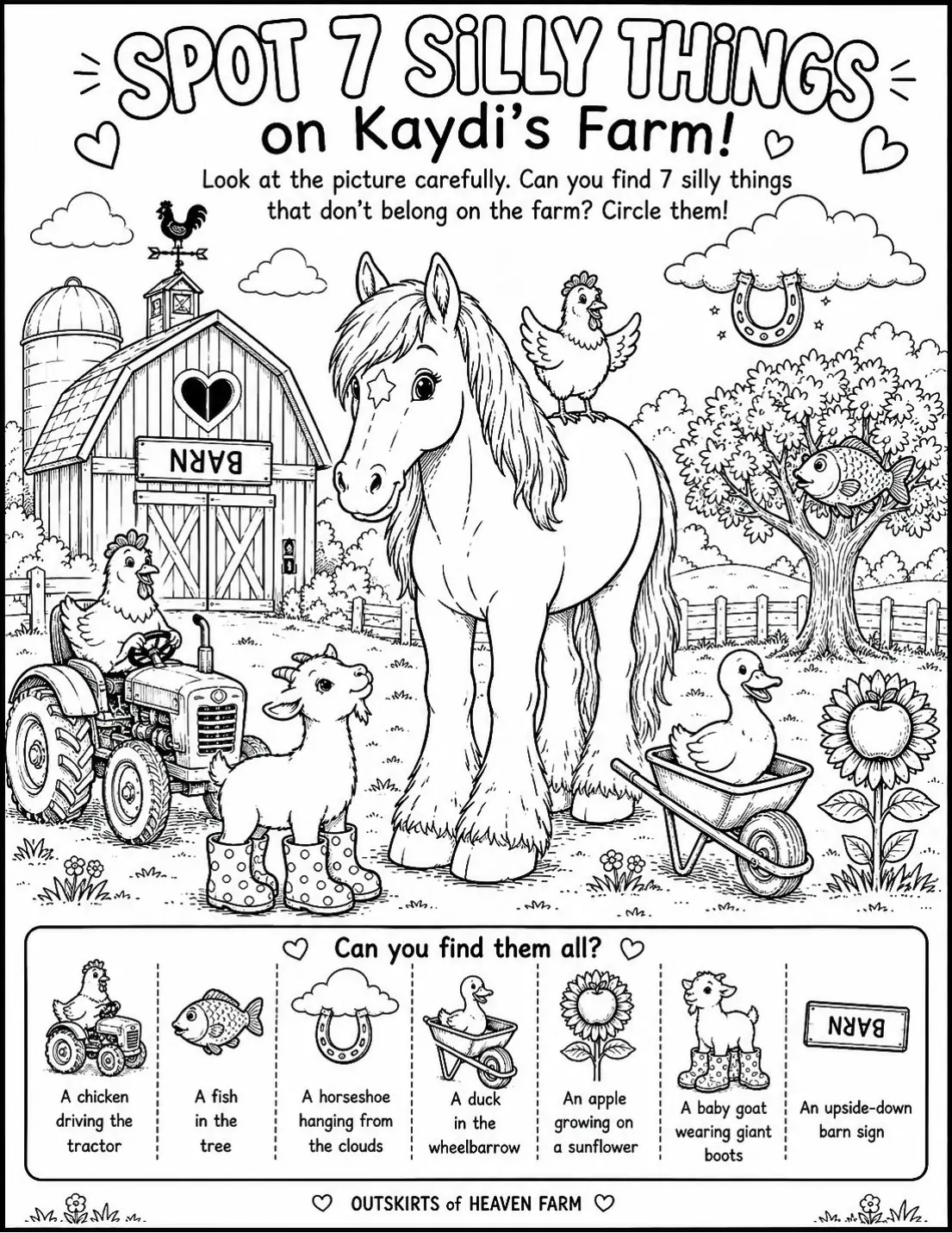 Free farm animal I Spy printable for kids — "Spot 7 Silly Things" featuring Kaydi the Percheron horse