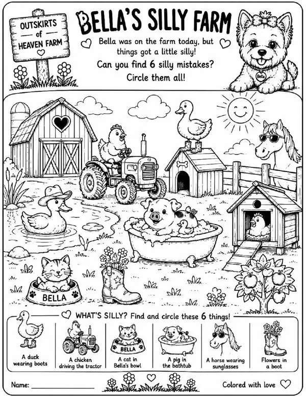 Free farm animal I Spy printable for kids — "Bella's Silly Farm" featuring Bella the farm dog