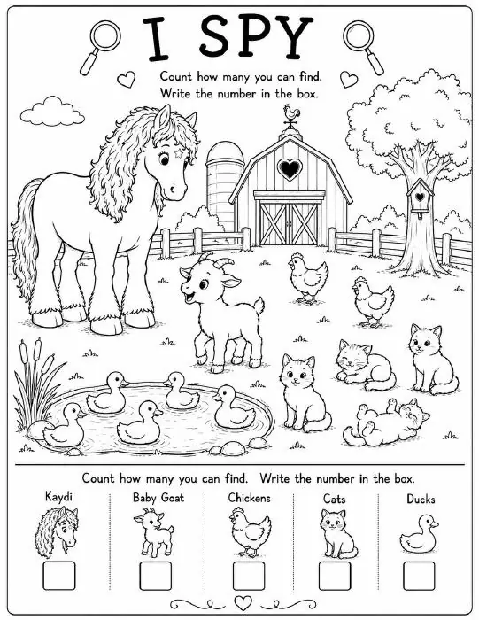 Free farm animal I Spy printable for kids — "I Spy on the Farm" featuring Kaydi the Percheron horse