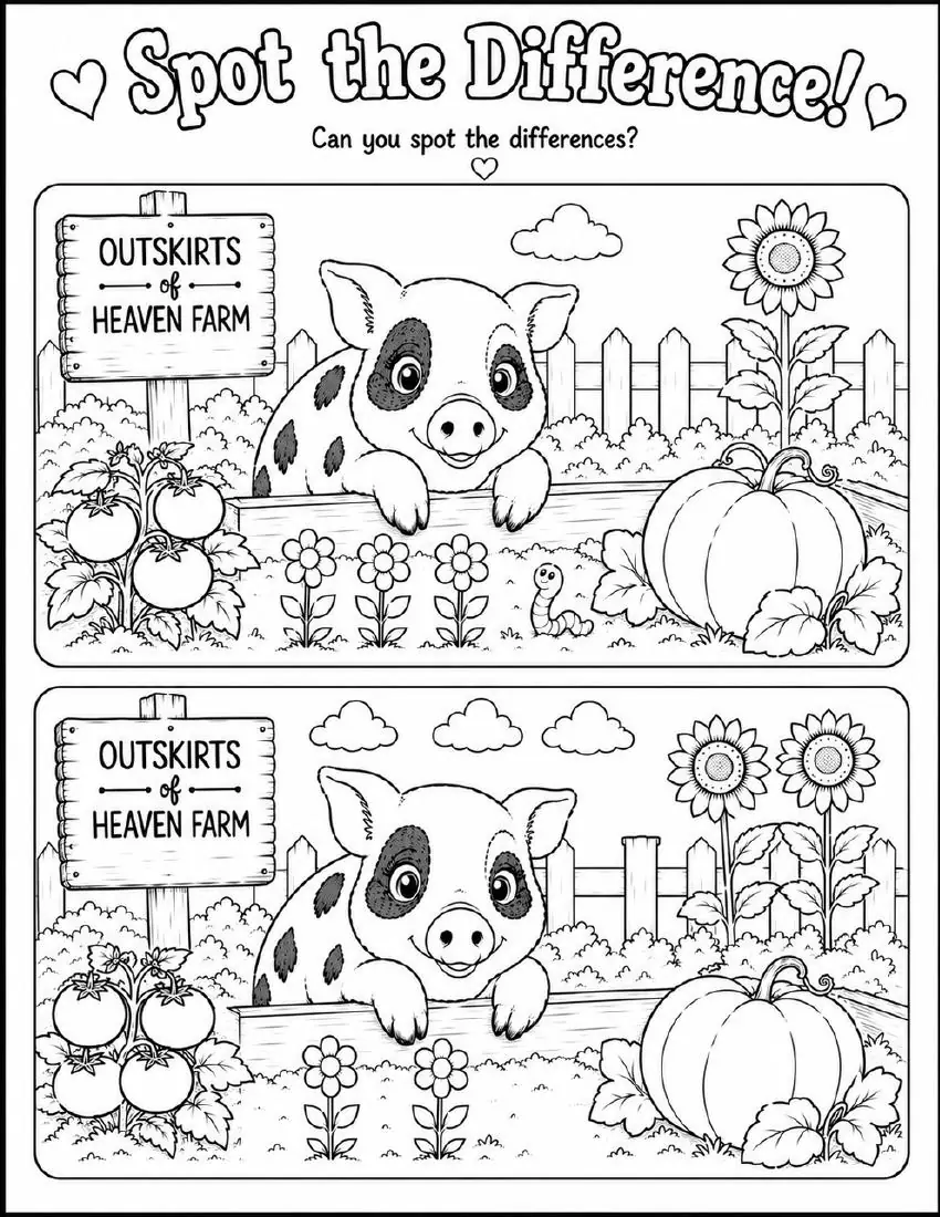 Free farm animal I Spy printable for kids — "Spot the Difference" featuring Charlotte the farm pig