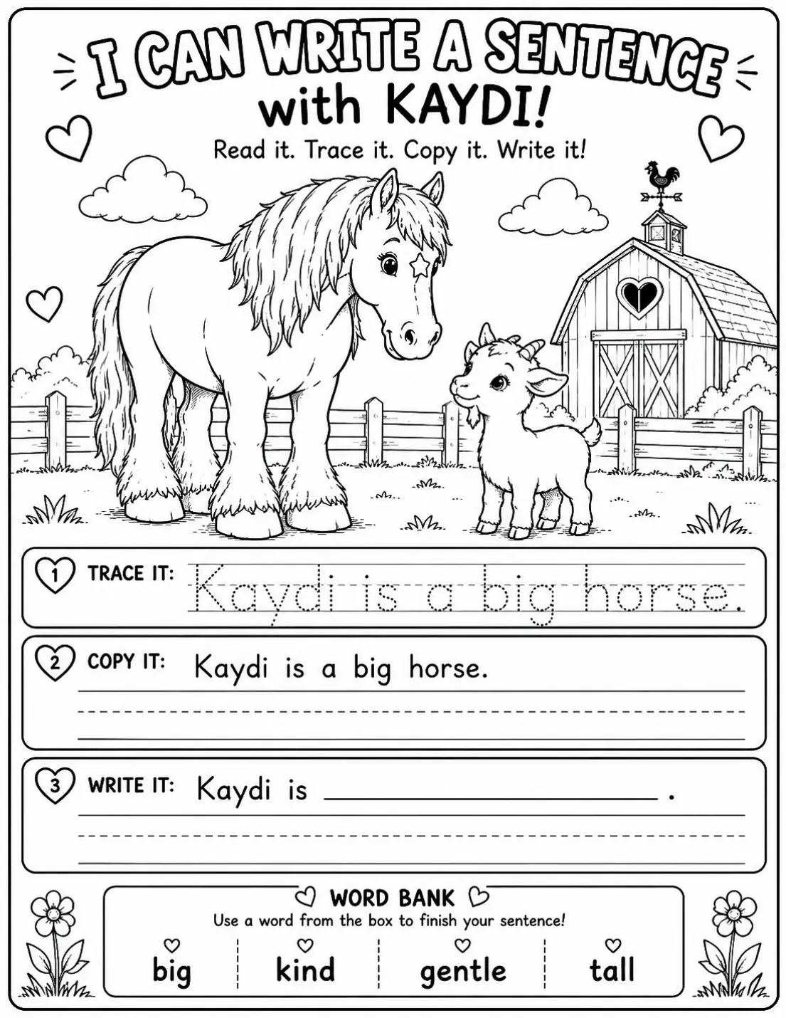 Free farm animal learning activity worksheet for kids — "I Can Write a Sentence" featuring Kaydi the Percheron horse