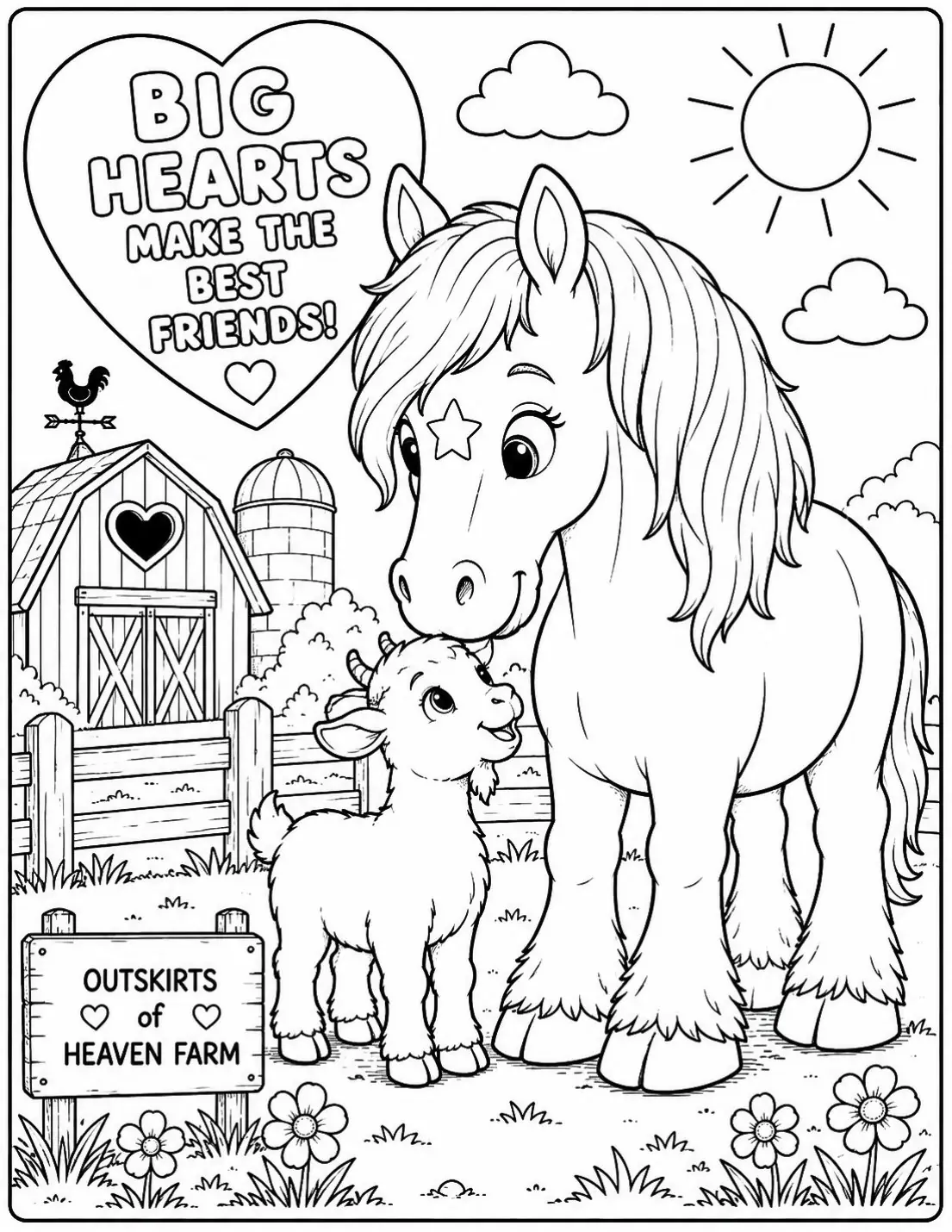 Free farm animal coloring page for kids — "Big Hearts Make the Best Friends" featuring Kaydi the Percheron horse