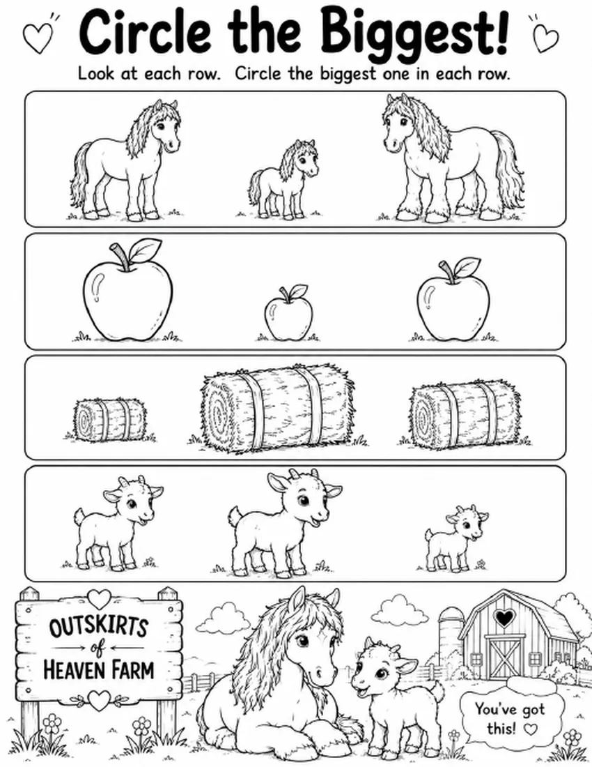 Free farm animal learning activity worksheet for kids — "Circle the Biggest!" featuring Chippie the pig