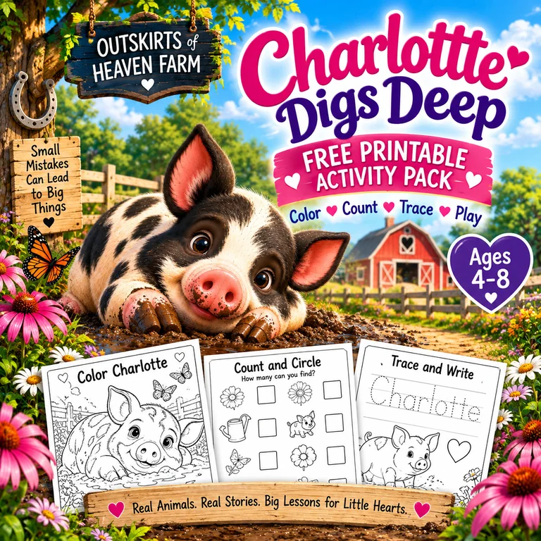 Free printable pack for kids featuring Charlotte the farm pig from the children's book Charlotte Digs Deep — coloring pages, I Spy games and learning worksheets