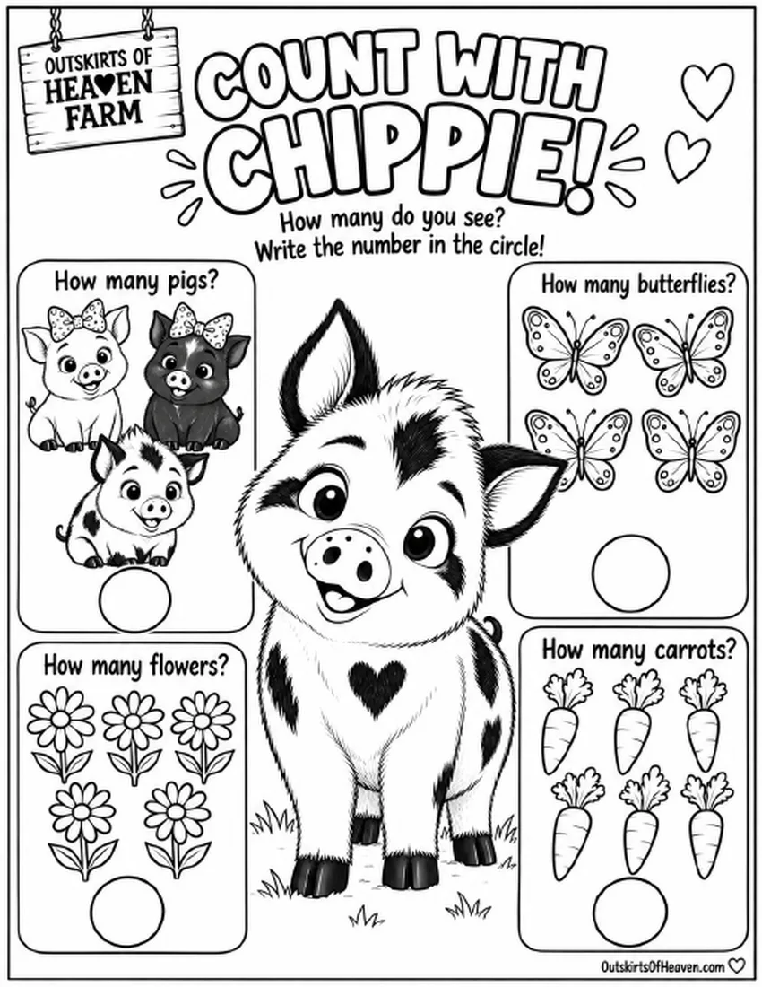Free farm animal learning activity worksheet for kids — "Count with Chippie!" featuring Chippie the pig